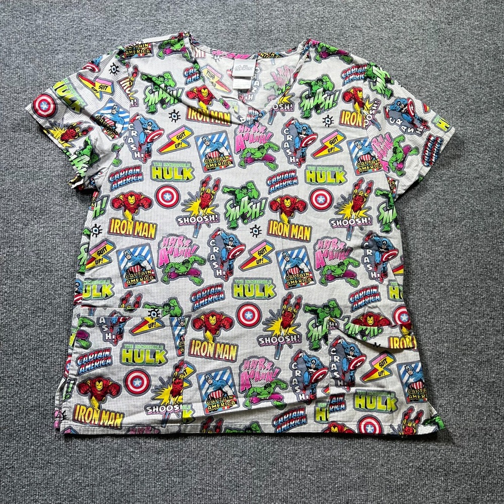 Marvel Avengers Scrub Top Womens L Multicolor Comic Book Graphic Nurse Medical
